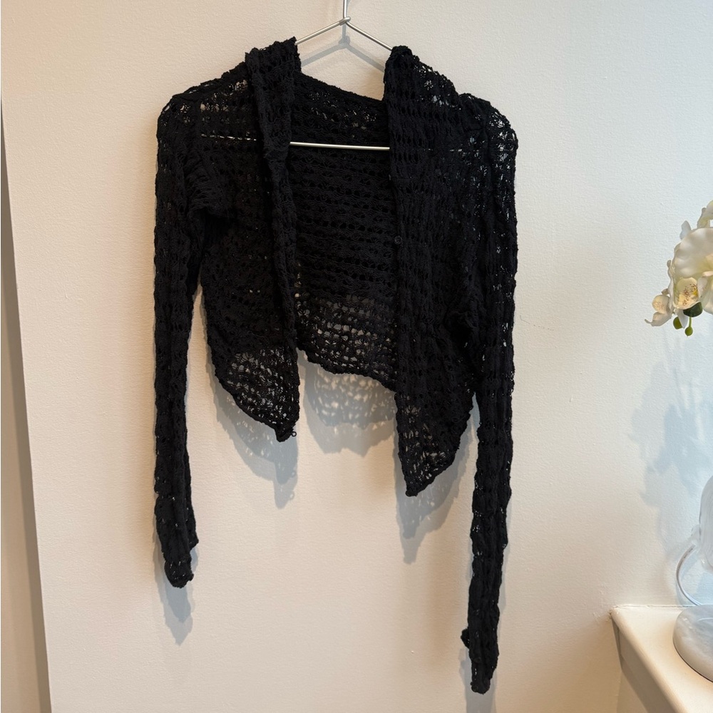 Crotchet Cropped Cardigan Sweater with Hoodie - Size S